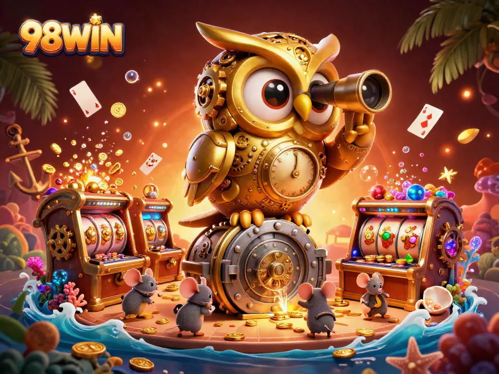 Win big with 98WIN in this dynamic casino scene featuring golden owls and vibrant slot machines.