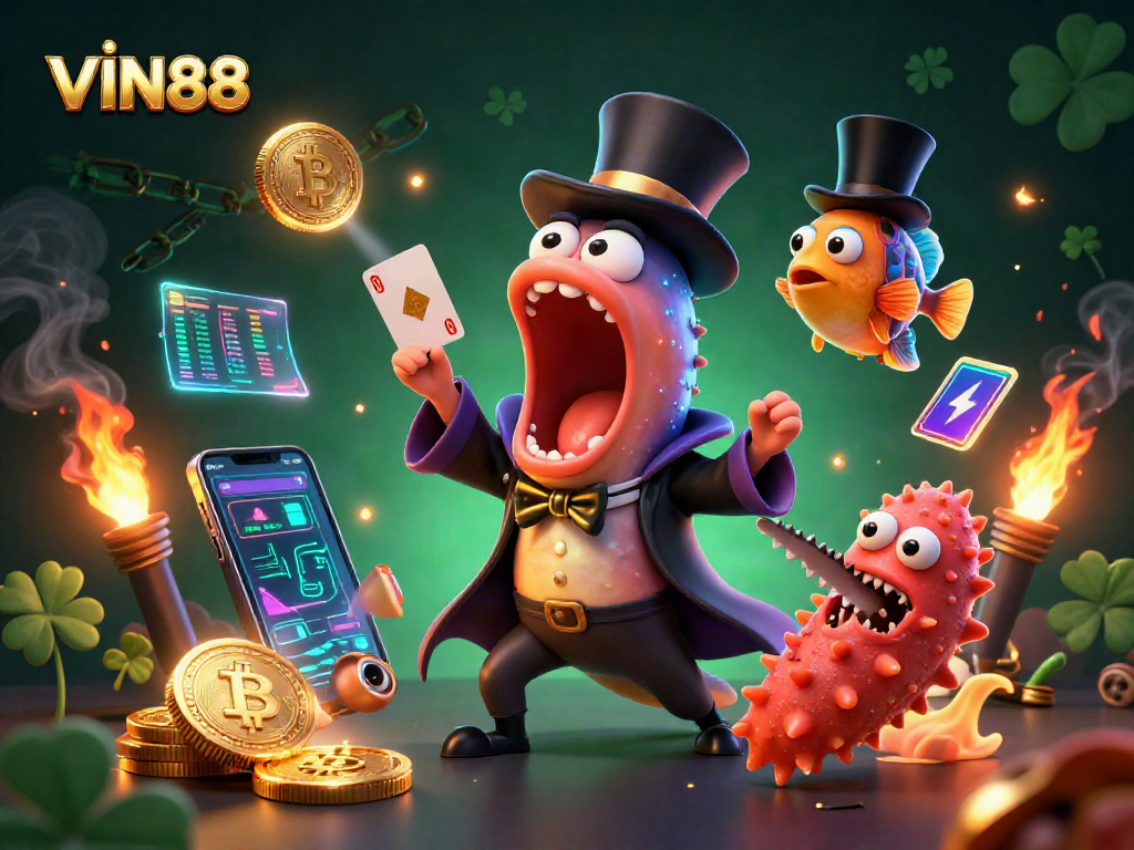Engage in exciting games at VIN88 with a captivating 3D illustration showcasing magic and crypto elements.