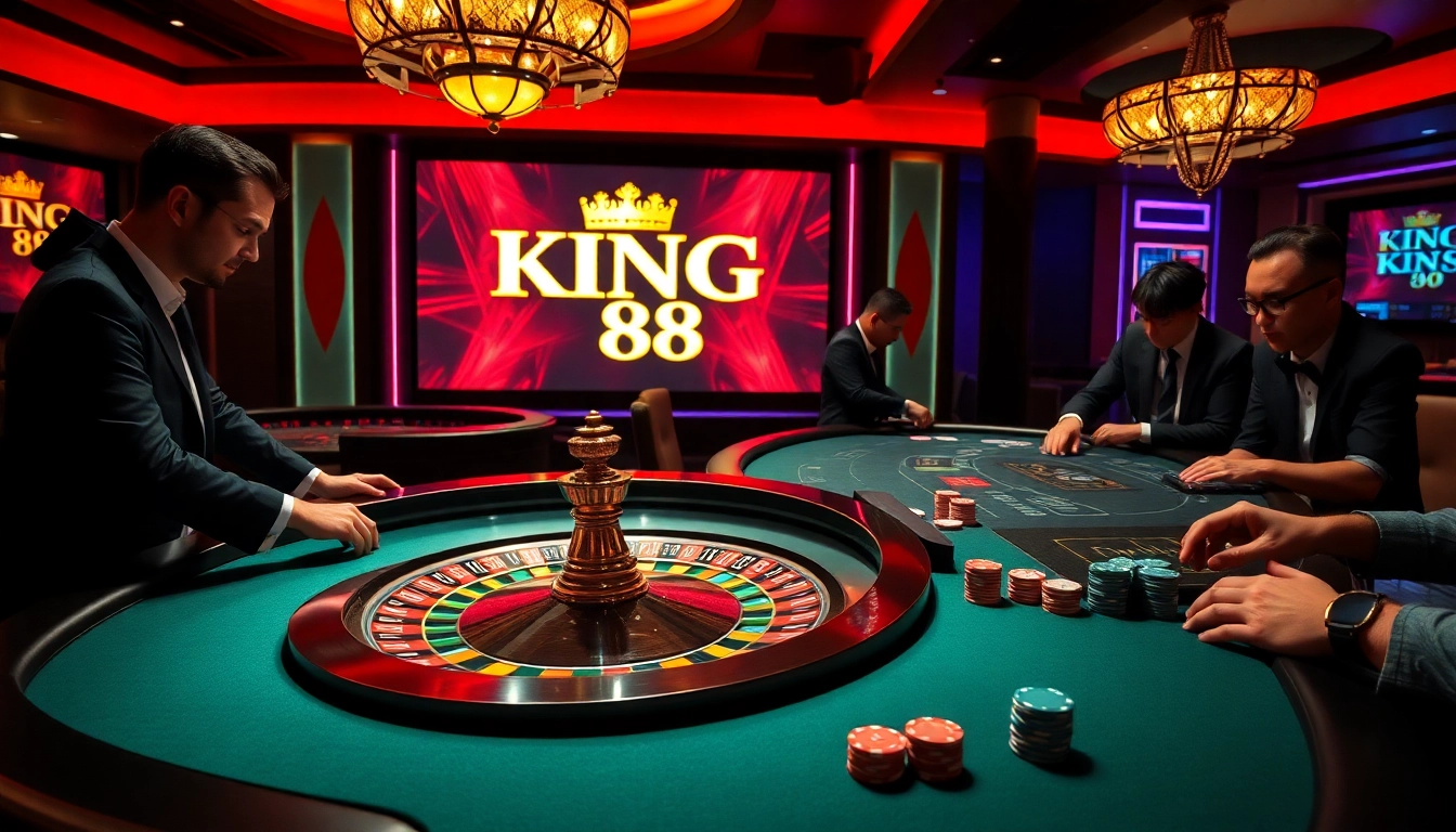 Engage with thrilling gaming at king 88, showcasing a vibrant casino scene with roulette and poker elements.