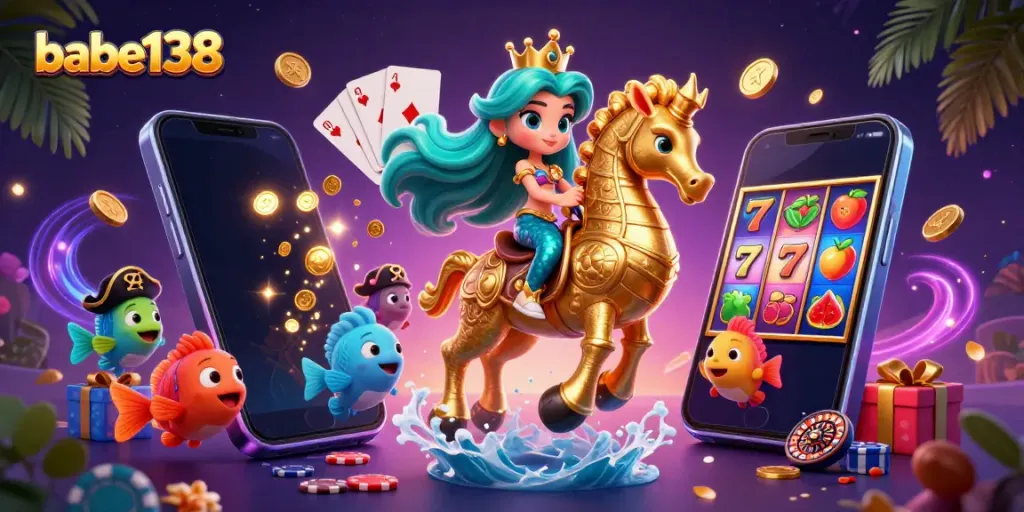 Gambaran dinamis putri duyung dan kuda laut bermain game di babe138 dengan koin emas dan simbol slot