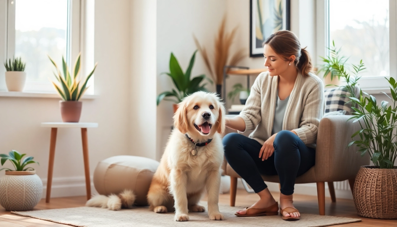 Therapy session for depression treatment with a psychologist and a therapy dog in a warm setting.