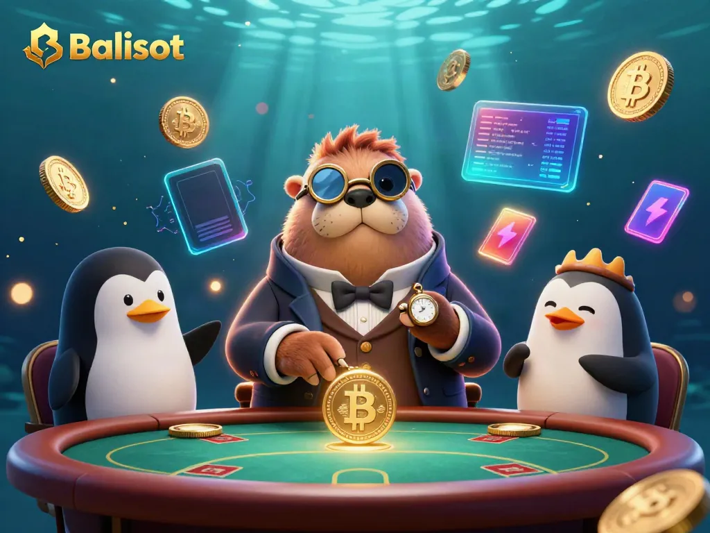 Play with Balislot at an underwater poker game featuring whimsical characters and vibrant crypto coins.