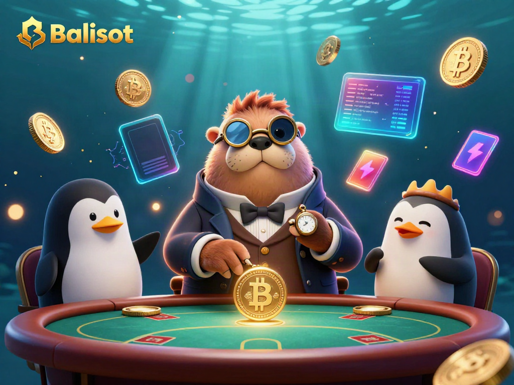 Play with Balislot at an underwater poker game featuring whimsical characters and vibrant crypto coins.