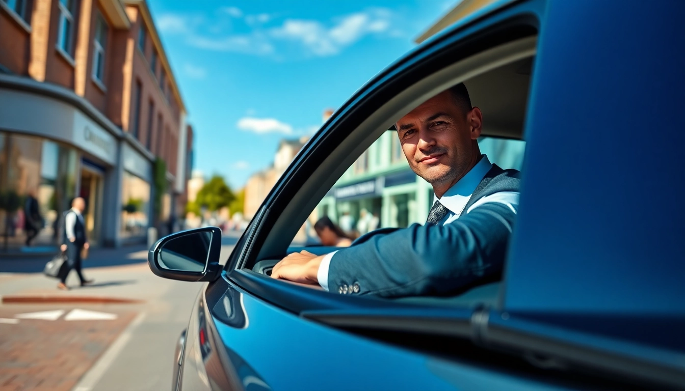 Woking taxi driver ready for passengers in a bustling urban setting.