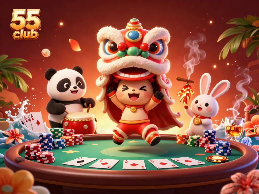Experience the thrill at 55 club with vibrant characters dancing and poker elements in a lively casino scene.