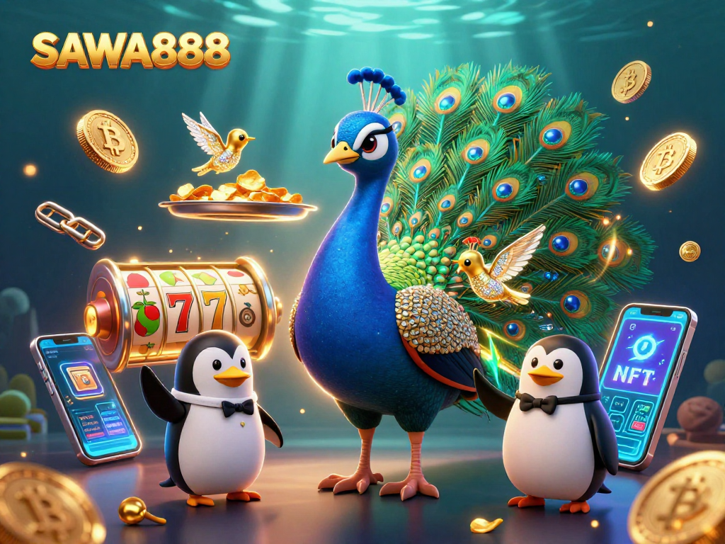 Experience exciting gameplay at SAWA888 with vibrant characters and casino elements surrounding dynamic slots.