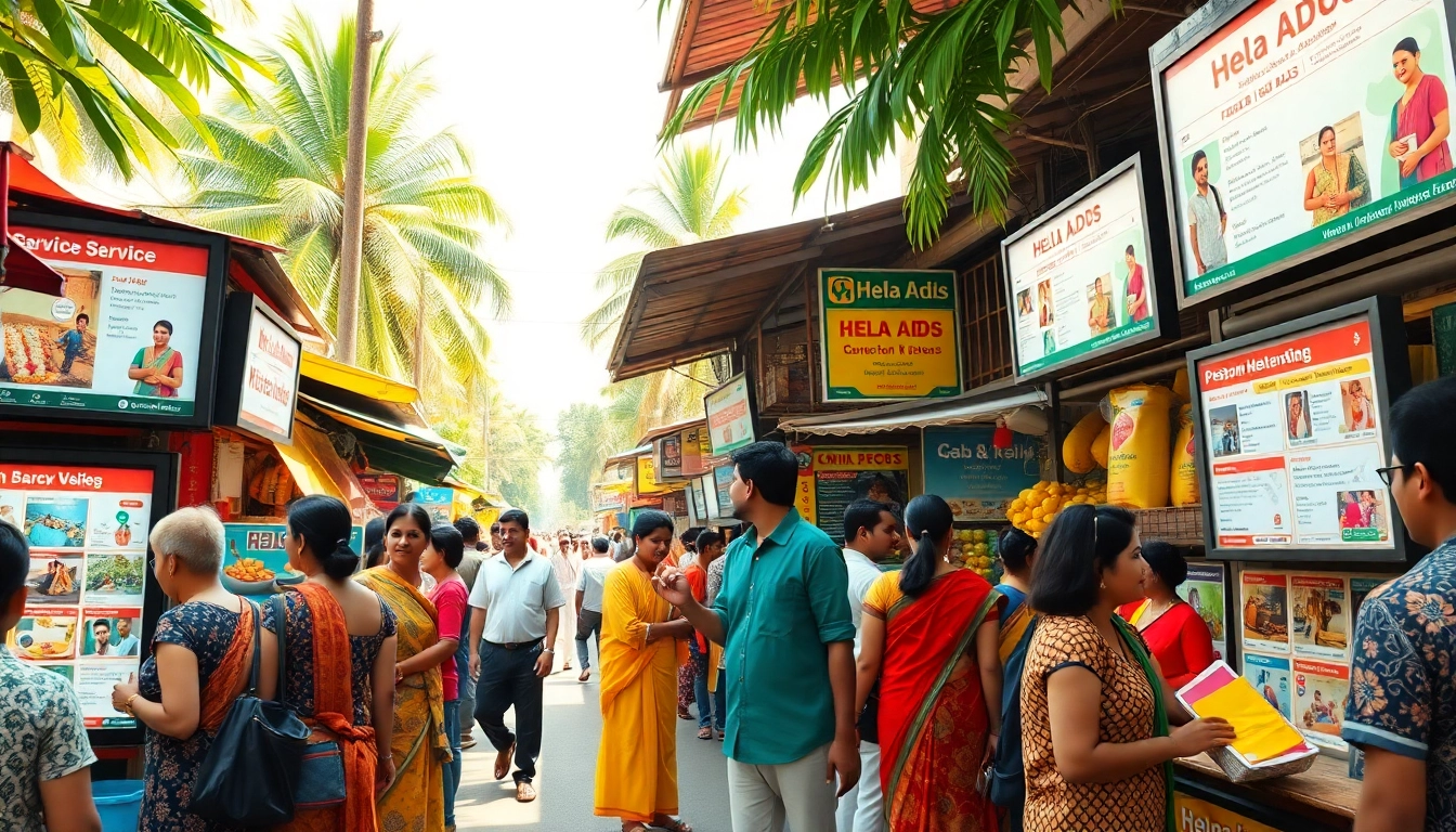 Vibrant market scene highlighting Hela Ad digital displays in Sri Lanka