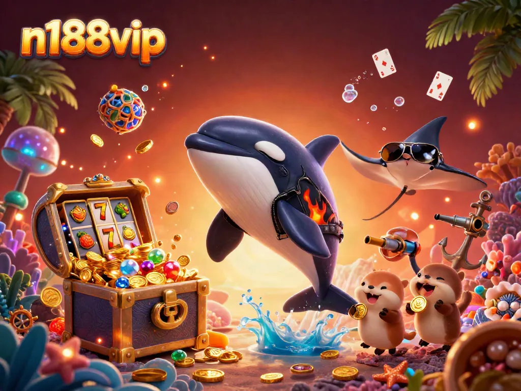 Experience thrilling n188vip online gambling with an orca, stingray, and sea otters in a vivid casino scene.