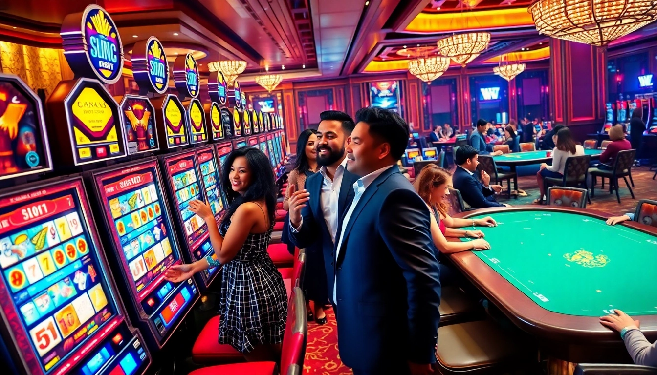 Players enjoying Slot777 at luxurious slot machines in a vibrant casino atmosphere.