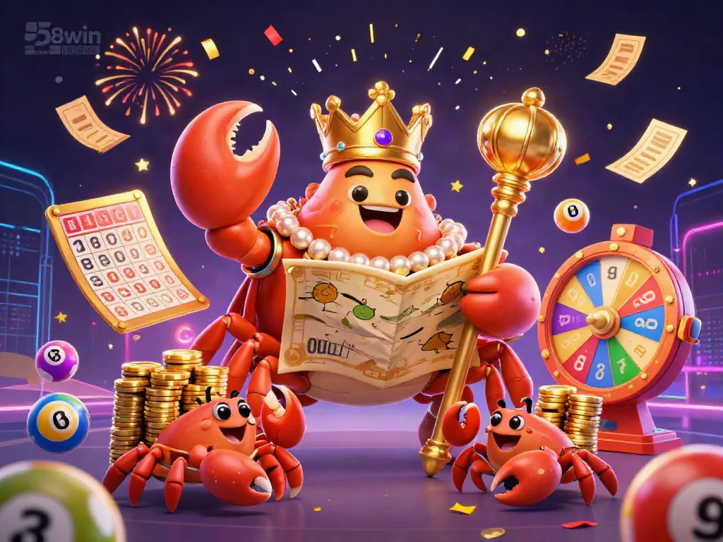 Experience the excitement at 58win with game elements and a golden crab emperor in this festive illustration.