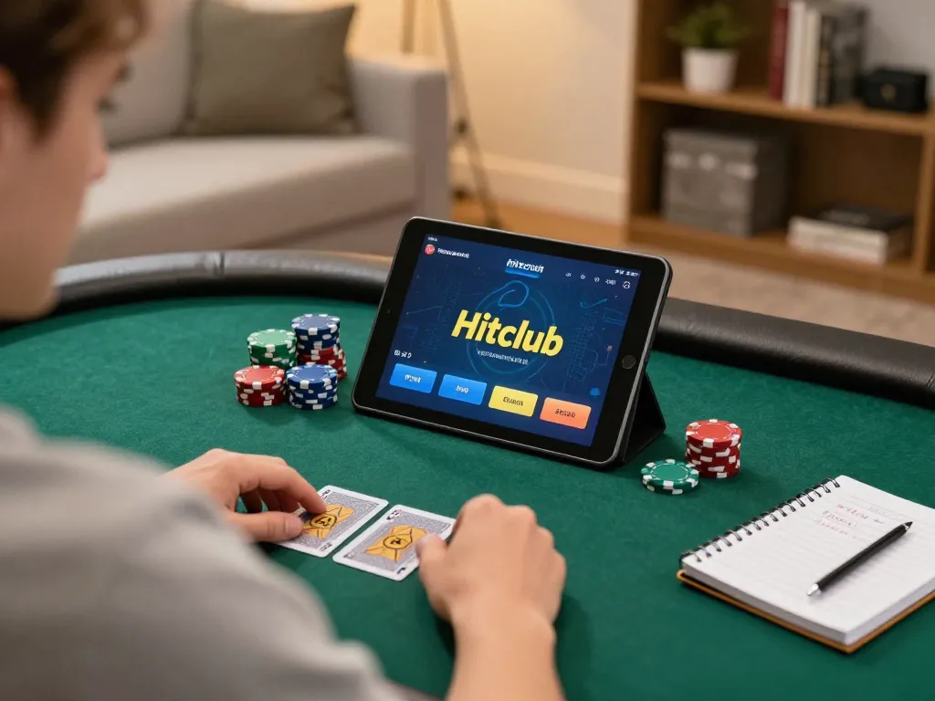 Engaging in Hitclub poker gameplay on a tablet in a cozy home setting with strategy notes.