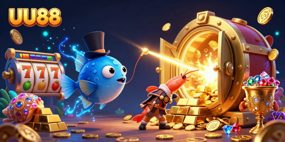 Experience thrilling slot games with UU88 as an anglerfish attracts golden coins and treasures.