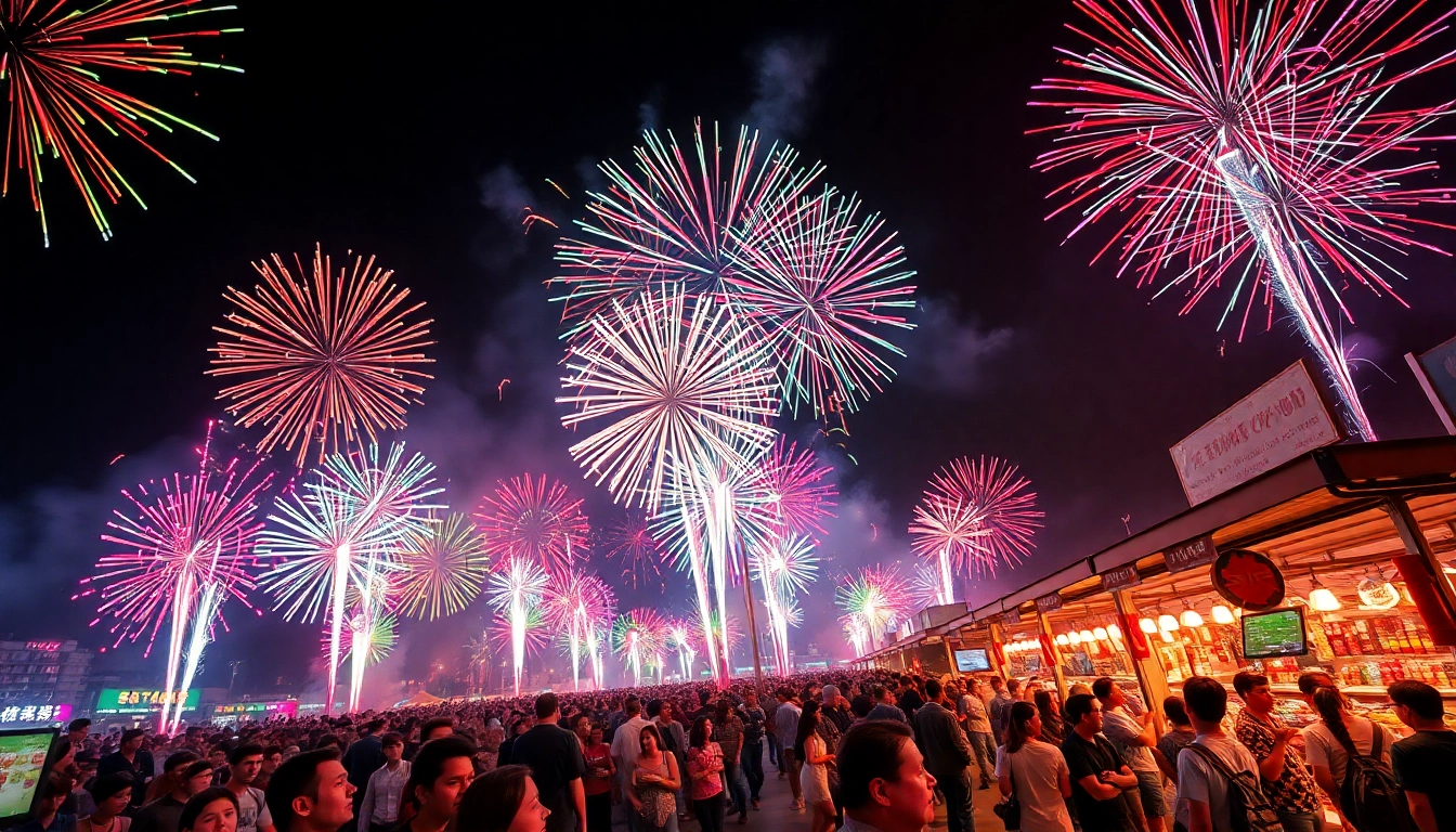 Experience spectacular wholesale fireworks lighting up the night sky at a lively event.