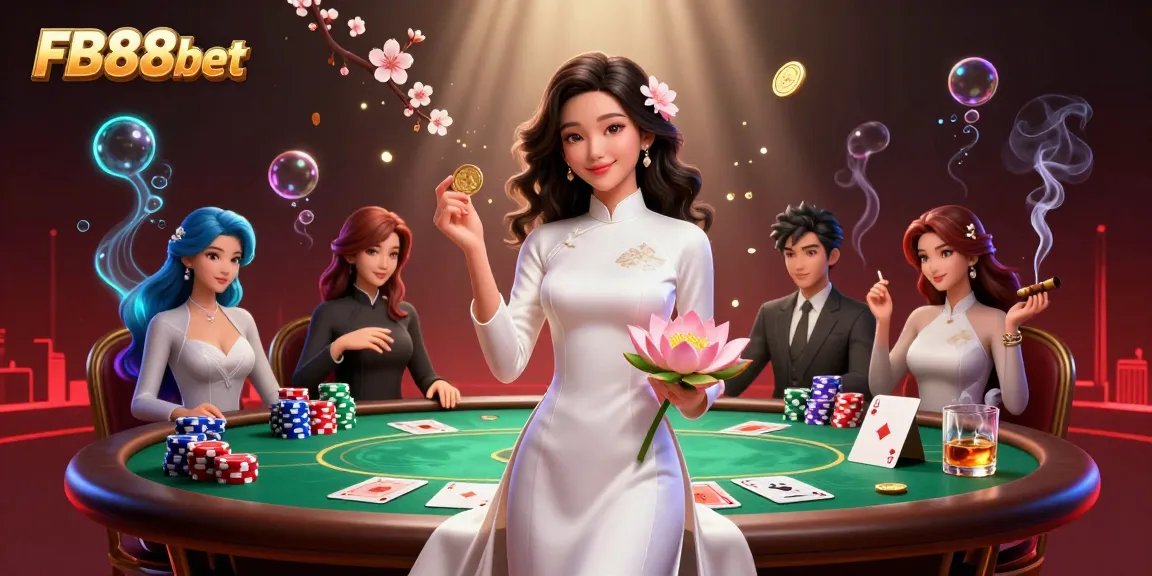 Engage with FB88bet as an elegant woman showcases poker excellence in a vibrant casino scene.
