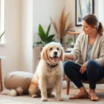Therapy session for depression treatment with a psychologist and a therapy dog in a warm setting.