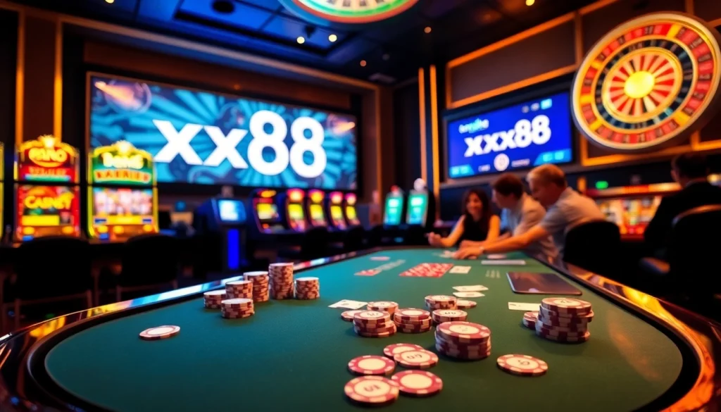 Excited players at a luxury casino table featuring the xx88 branding and vibrant gaming elements.