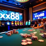 Excited players at a luxury casino table featuring the xx88 branding and vibrant gaming elements.