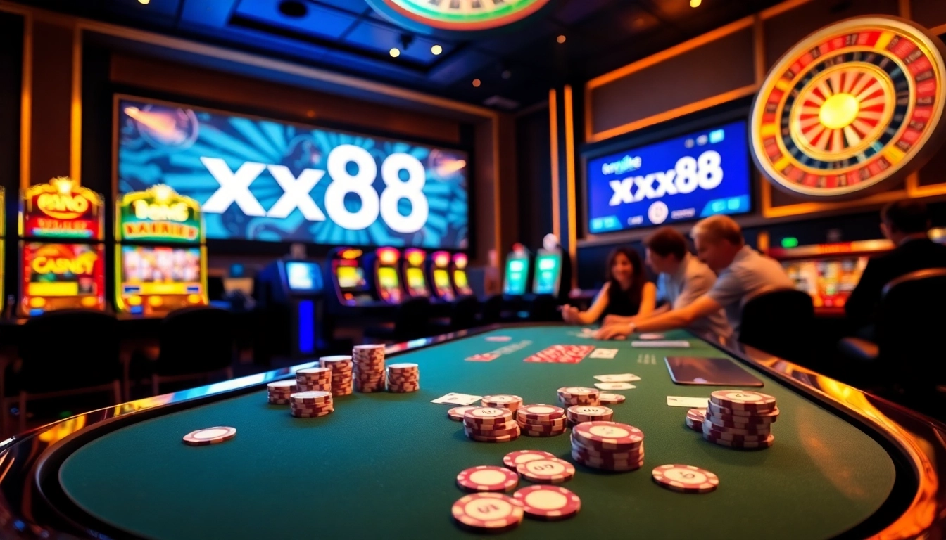 Excited players at a luxury casino table featuring the xx88 branding and vibrant gaming elements.