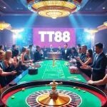 Exciting TT88 casino table with players engaging in high-stakes gambling activities.