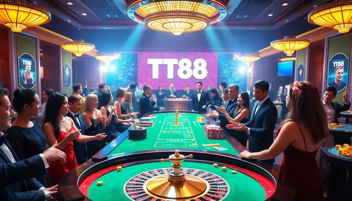 Exciting TT88 casino table with players engaging in high-stakes gambling activities.