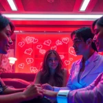 Engaging AI chat porn scene with vibrant characters in a digital environment.