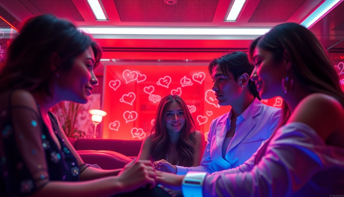 Engaging AI chat porn scene with vibrant characters in a digital environment.