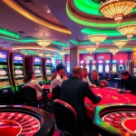 Exciting scene of players at the casino, engaging with the doaslot slot machines and poker tables.