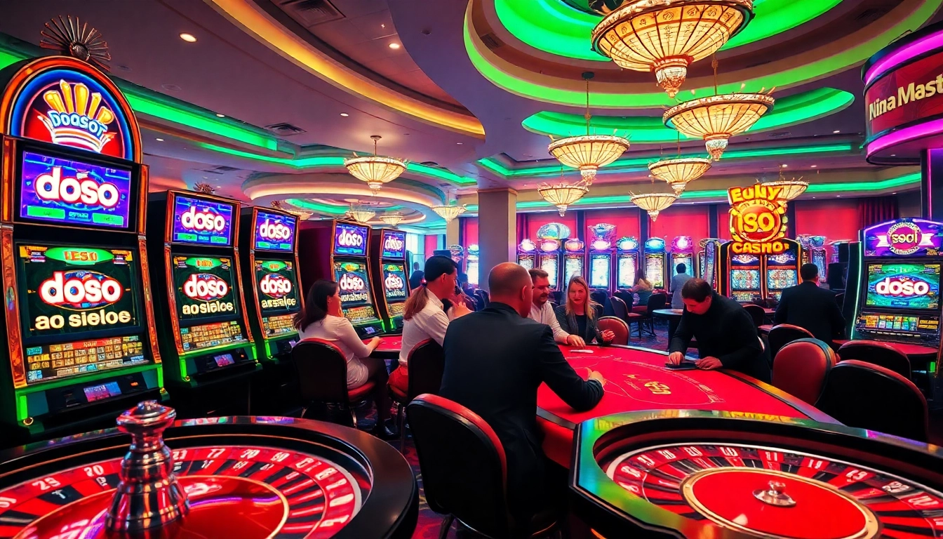 Exciting scene of players at the casino, engaging with the doaslot slot machines and poker tables.