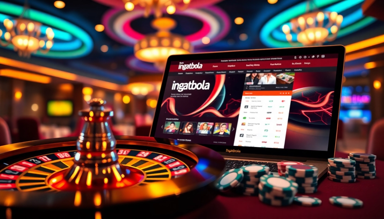 Experience the thrill of ingatbola with stunning online gambling visuals featuring poker chips and a roulette wheel.