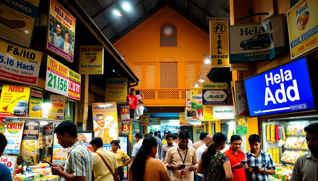 Engaging market scene promoting Hela Add services in Sri Lanka.
