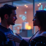 AI sex interaction with a human in a futuristic digital environment.