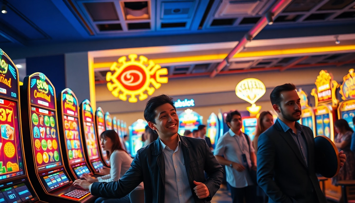 Exciting online gaming scene featuring doaslot slot machines with vibrant colors and engaging players.