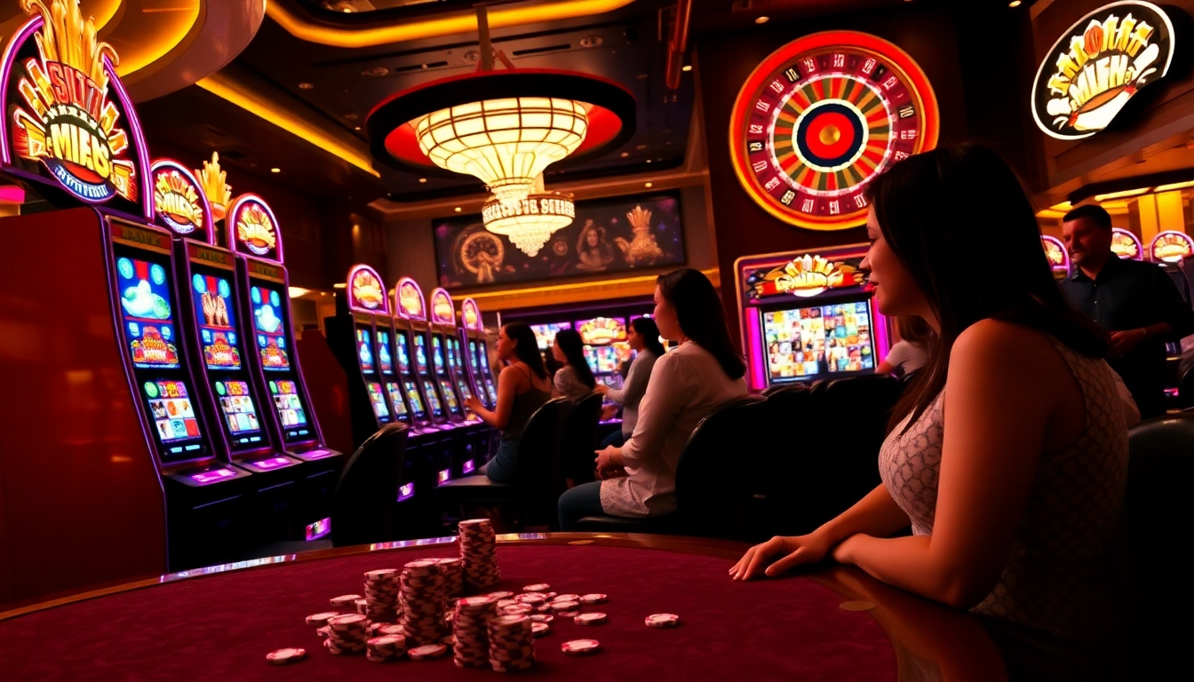 Players enjoying Slot777 slot machines in a luxurious casino setting filled with excitement.