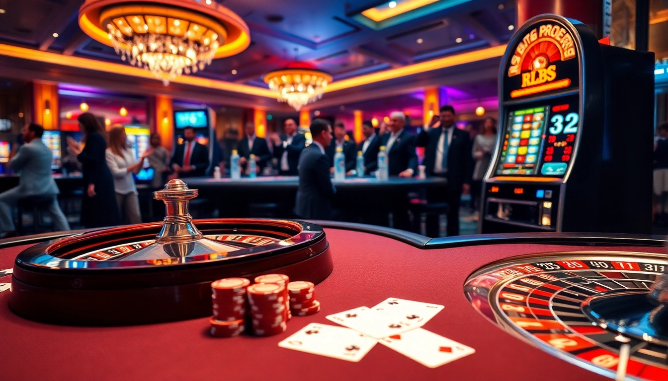Experience thrilling gaming at rr88com with a vibrant casino scene featuring poker and roulette tables.