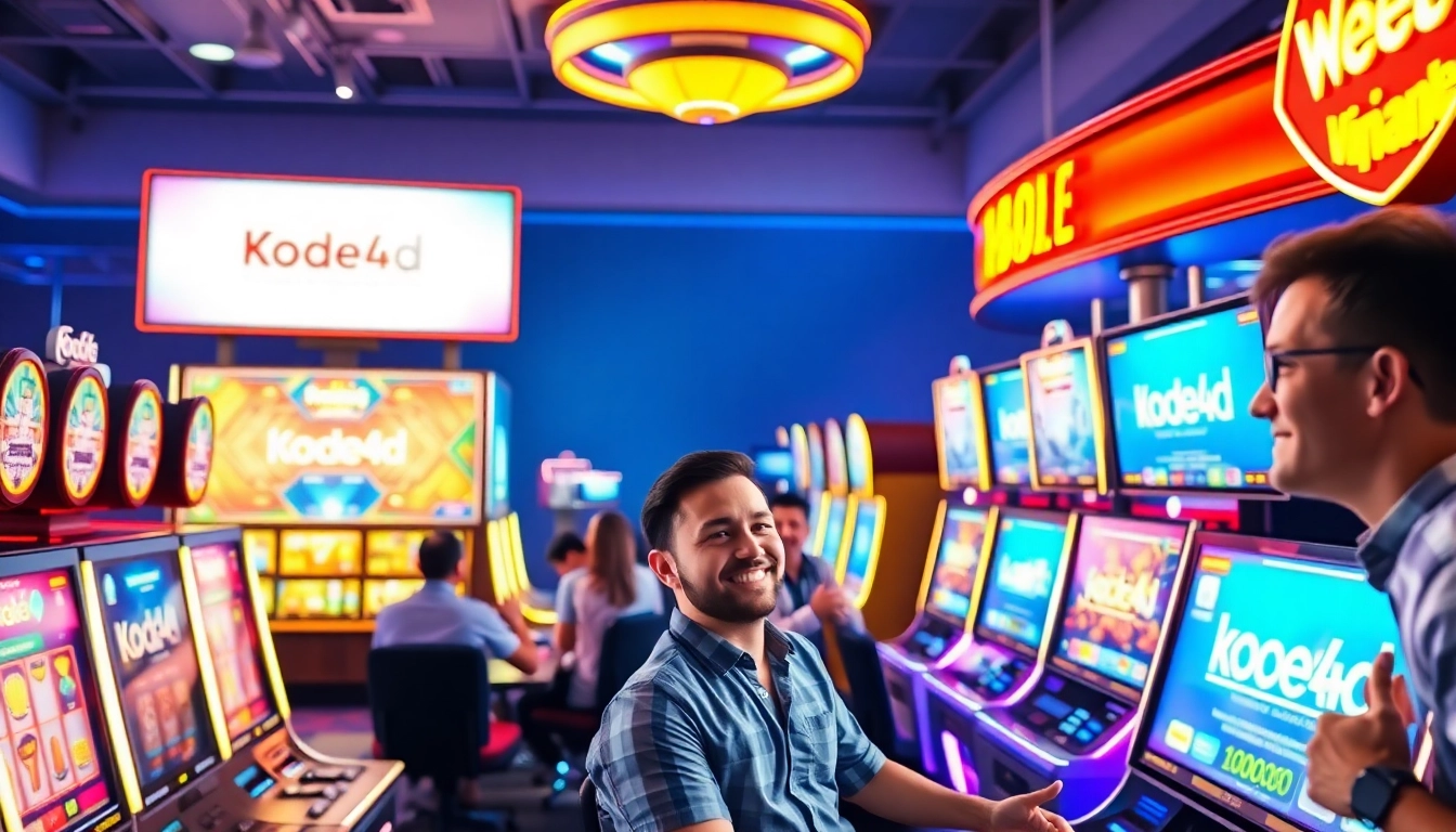 Kode4d link displayed in a vibrant online gaming scene with players enjoying slot machines.