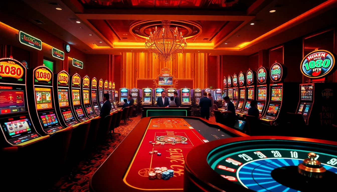 Players enjoying an engaging experience at RR88com’s vibrant online casino, featuring thrilling games and dazzling lights.