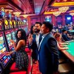 Players enjoying Slot777 at luxurious slot machines in a vibrant casino atmosphere.