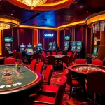 Gamblers enjoying a high-stakes poker game at SHBET, amidst vibrant casino elements and luxurious decor.