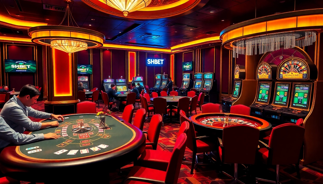 Gamblers enjoying a high-stakes poker game at SHBET, amidst vibrant casino elements and luxurious decor.