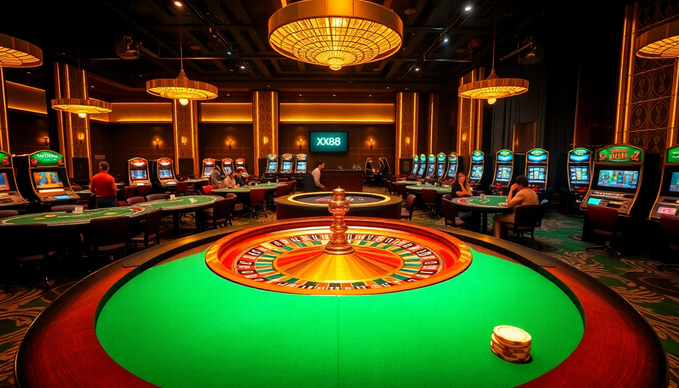 Engage with the thrilling atmosphere of XX88 at a luxurious casino featuring roulette and high-stakes poker tables.