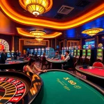 Engaging players at poker tables in a luxurious casino atmosphere related to nk88.