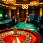 Exciting gaming scene at 88i casino with roulette and poker tables.