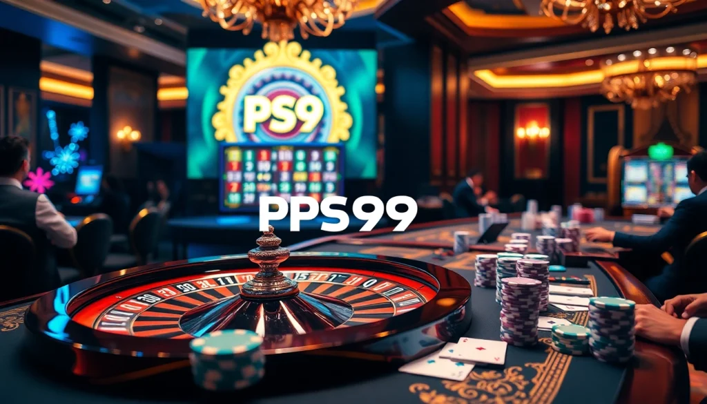 Exciting gaming atmosphere at PS99 casino, featuring roulette and poker elements.