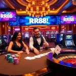 Engaging gambling scene at RR88 casino featuring vibrant tables and slot machines.