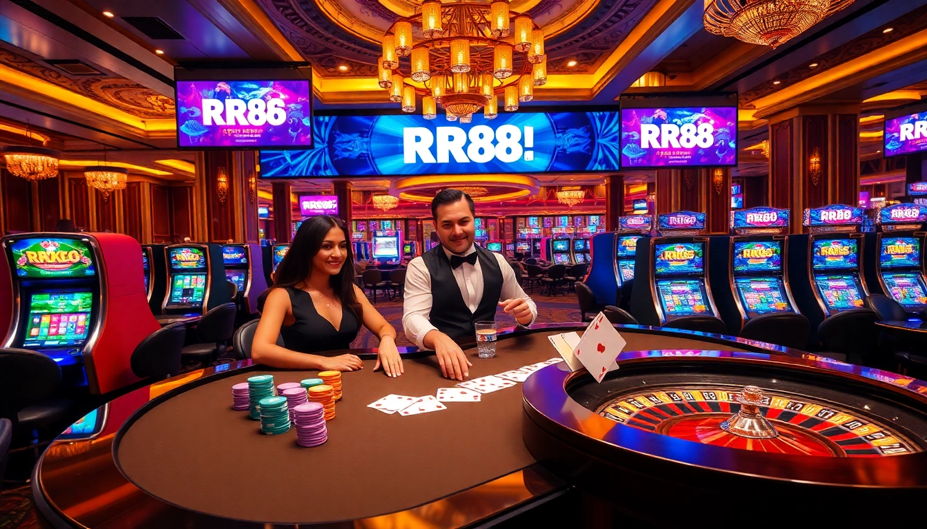 Engaging gambling scene at RR88 casino featuring vibrant tables and slot machines.
