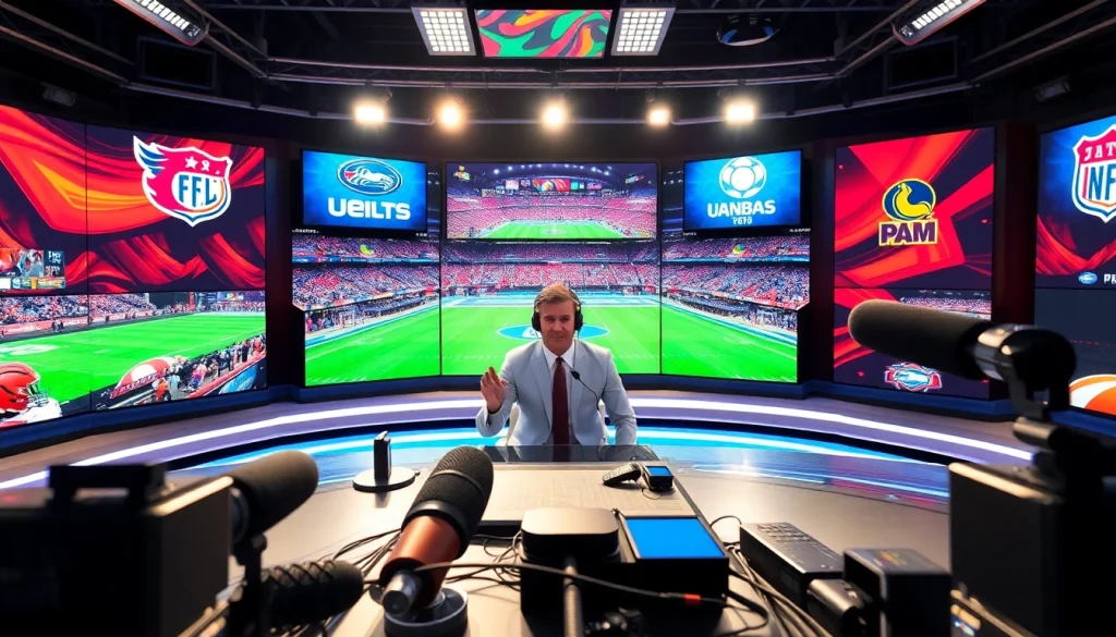 Host delivering news in a vibrant sports broadcasting studio with dynamic graphics.