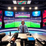 Host delivering news in a vibrant sports broadcasting studio with dynamic graphics.