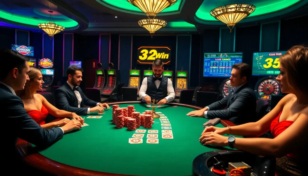 A high-stakes poker game showcasing the excitement of nhà cái uy tín 32Win with elegant players and vibrant chips.
