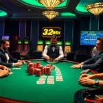 A high-stakes poker game showcasing the excitement of nhà cái uy tín 32Win with elegant players and vibrant chips.