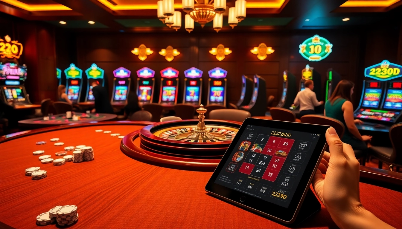 Engaged players interacting with the 222BD online casino interface amidst vibrant gaming elements.